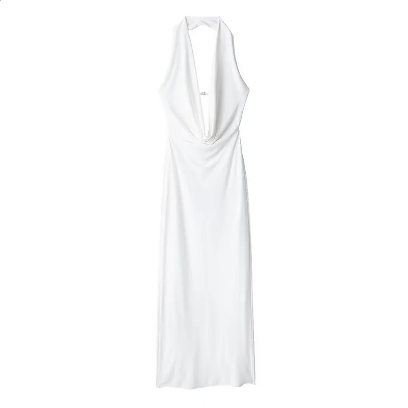 Willshela Women Fashion Solid Pleated Backless Lace Up Midi Dress Vintage Halter V-Neck Female Chic Lady Dresses 250226