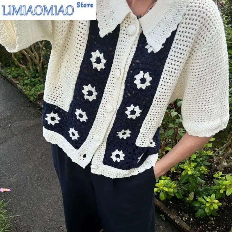 Elegant Crochet Hollow Out Tops Women Lapel Short Sleeved Crop Knit Sweater Lady Casual Button Office Knitwear Cardigan 250226