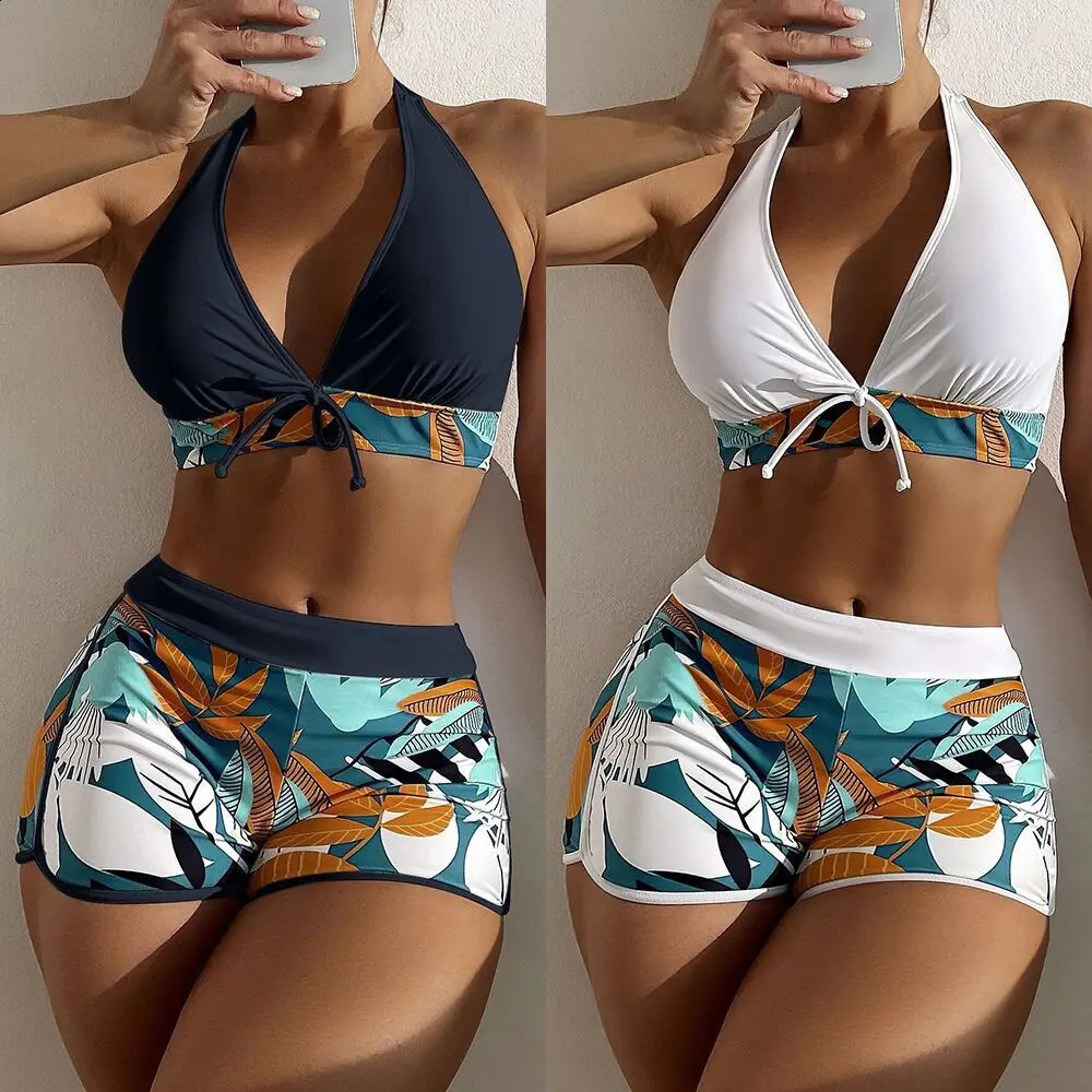 15 Colors Swimwear Women TwoPiece Suit Patchwork Halter Bikini Top With High Waisted Boxer Bottom College Sporty Surfing 250227