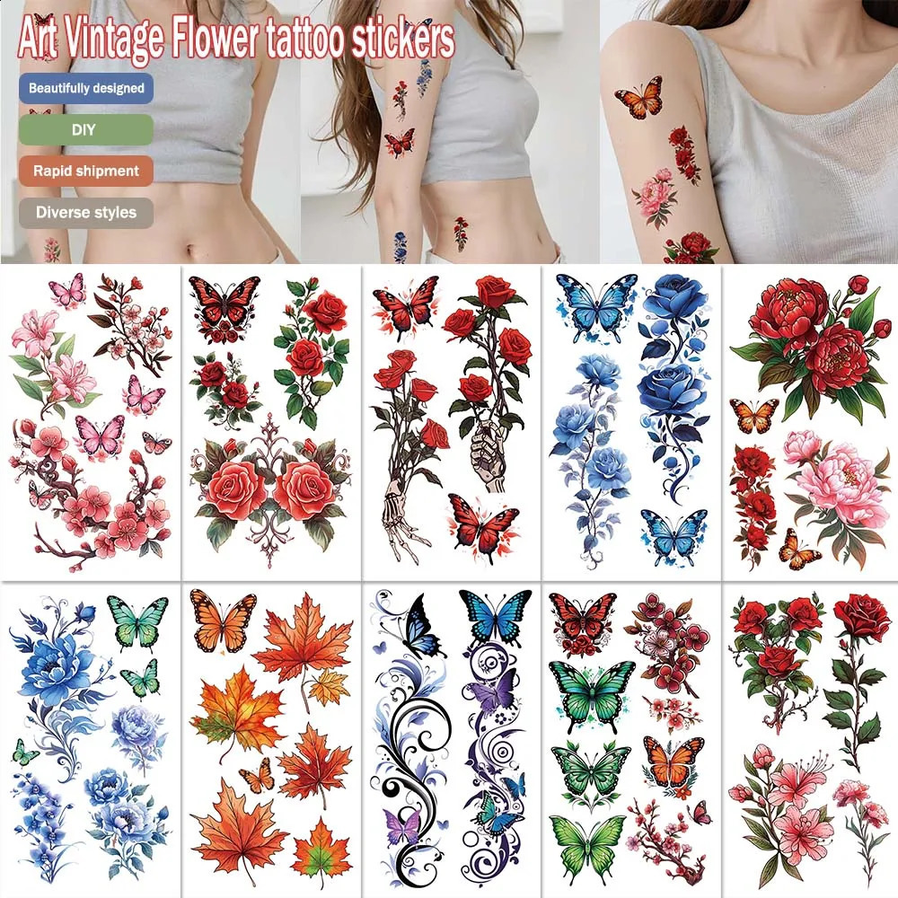 10 piecesset of art retro floral tattoo stickers arm collage body decoration disposable 250219