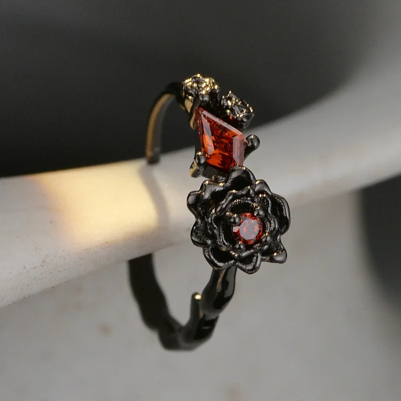 F. I.N.S Original S925 Pure Silver Black Rose Ring Earrings for Womens Small Fashion Red Zirconia Earrings Exquisite Jewelry 250228