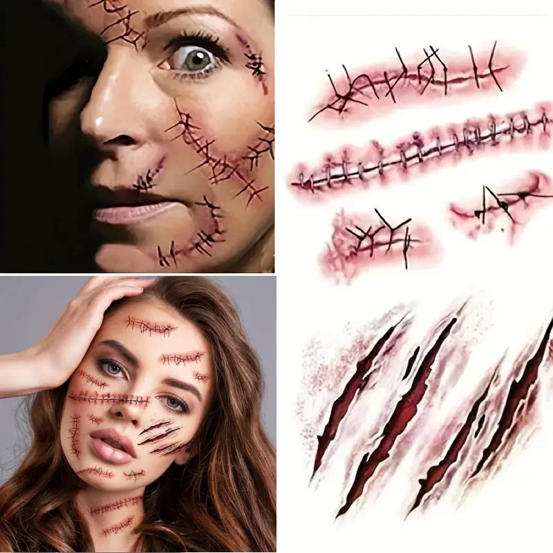 10pcs 3D Scar Tattoos Sticker Horror Realistic Wounds Scab Temporary Tattoo April Fools Day Bloody DIY Makeup Stickers 250219