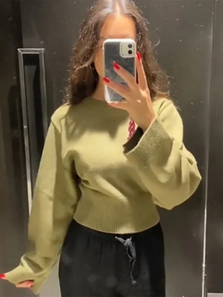 2025 Knitted Womens Sweater Casual Round Neck Elastic Hemp Wide Sleeve Crop Pulled Top Fashion Jumper 250225