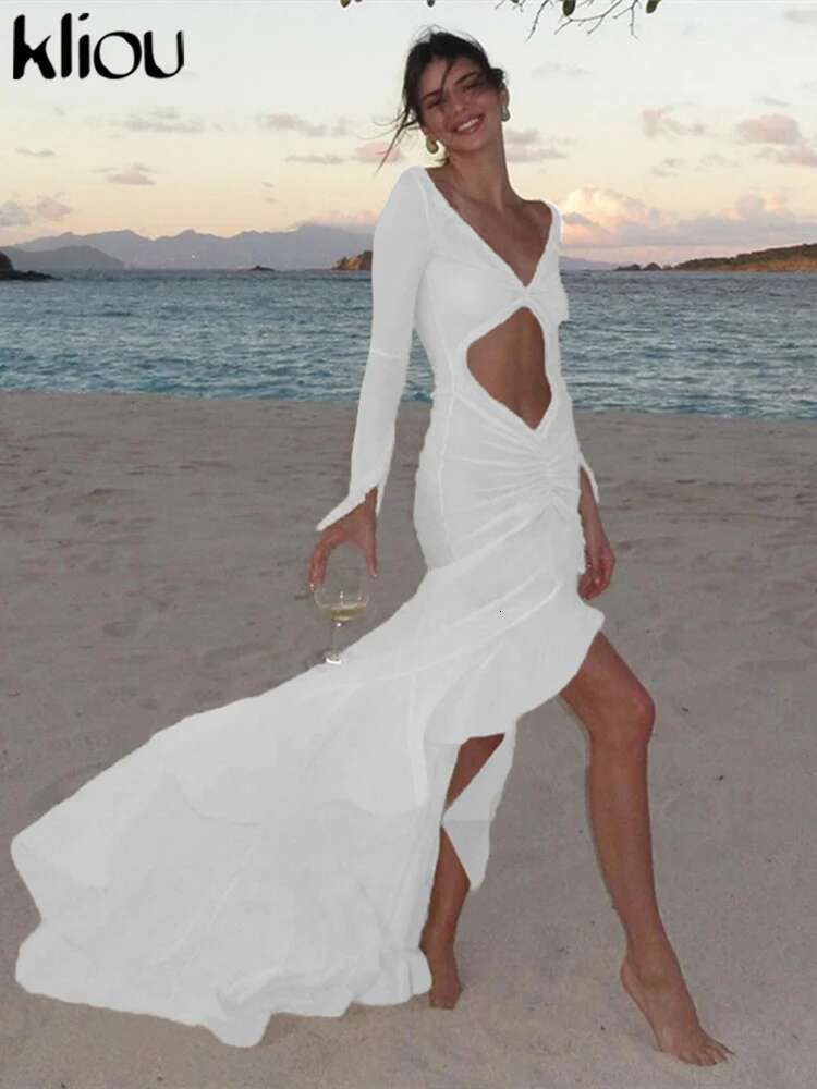Kliou Solid Mesh Maxi Dresses Women Patchwork Hollow Out Long Sleeve Asymmetrical Beach Style Bodycon Female Concise Attirewear