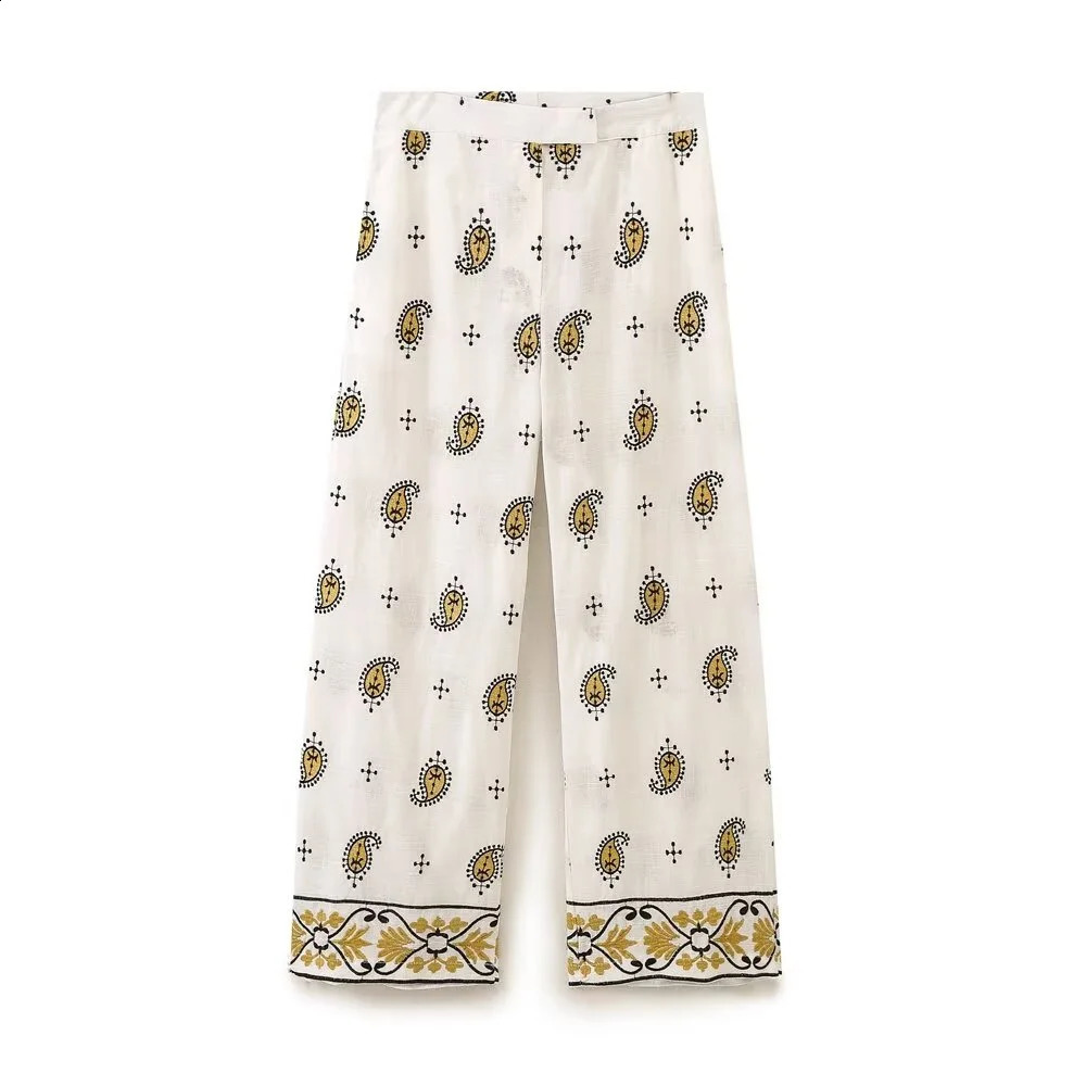 TRAF 2024 Autumn Product Womens Fashion Charm Horn Sleeve Cashew Flower Suit Coat Casual Wide Leg Pants Set 250225