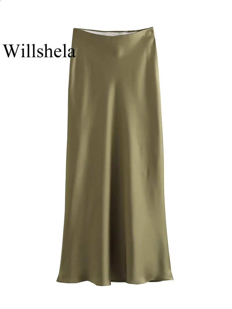 Willshela Black Satin Skirt Woman High Waist Elegant Long Skirts For Women Fashion Summer Midi Skirt Office Womens Skirts 250224