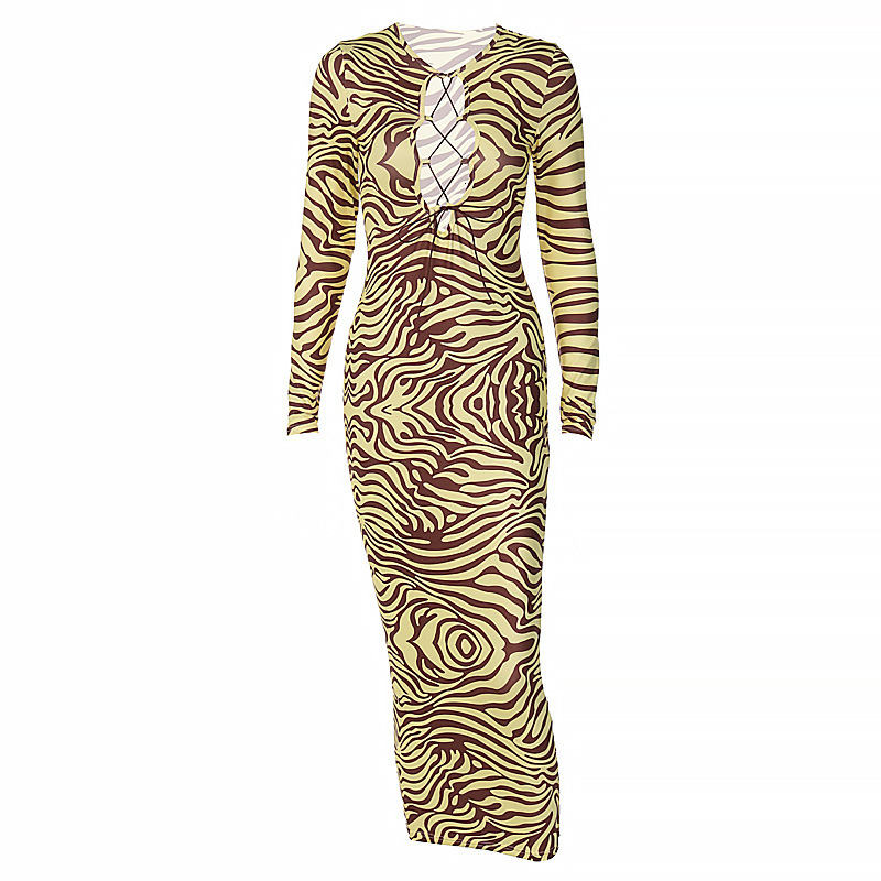 Women's New4 New Winter Fashion Print Chest Hollow Long Sleeve Slim Fit Dress For Women
