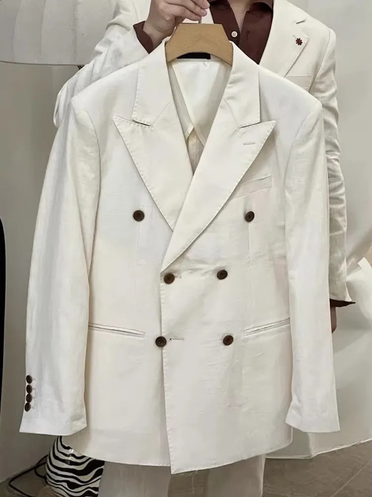 Spring and summer business mens work linen suit ultra-thin fit double corset jacket pants two-piece set wedding dress set 250224