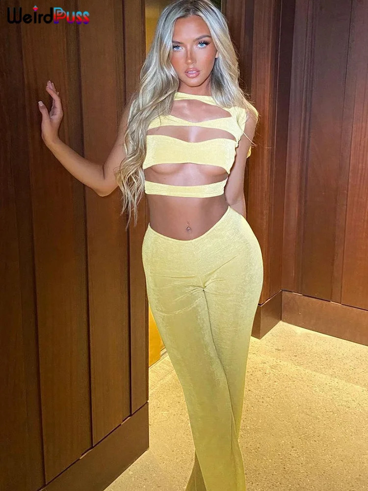 Weird Puss Y2K Velvet Women Sexy Hollow 2 Piece Set Skinny Tank TopFlare Pants Summer Trend Matching Streetwear Elastic Outfit 250225