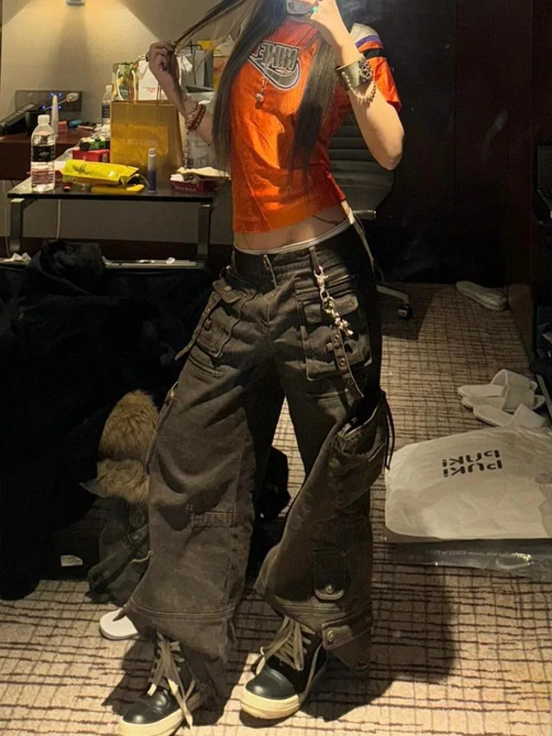 Y2K fashion heavy industry multi pocket work jeans for women retro washed hip-hop girls loose and casual high waist wide leg jeans 250224