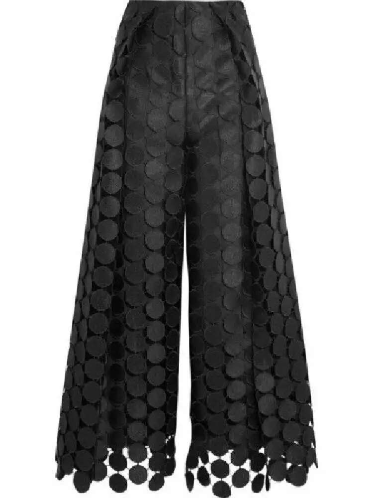 Yeezzi Women Fashion Hollow Polka Dot High Waisted Wide Leg Pants 2024 New Spring Autumn Solid Color Causal Office Trousers