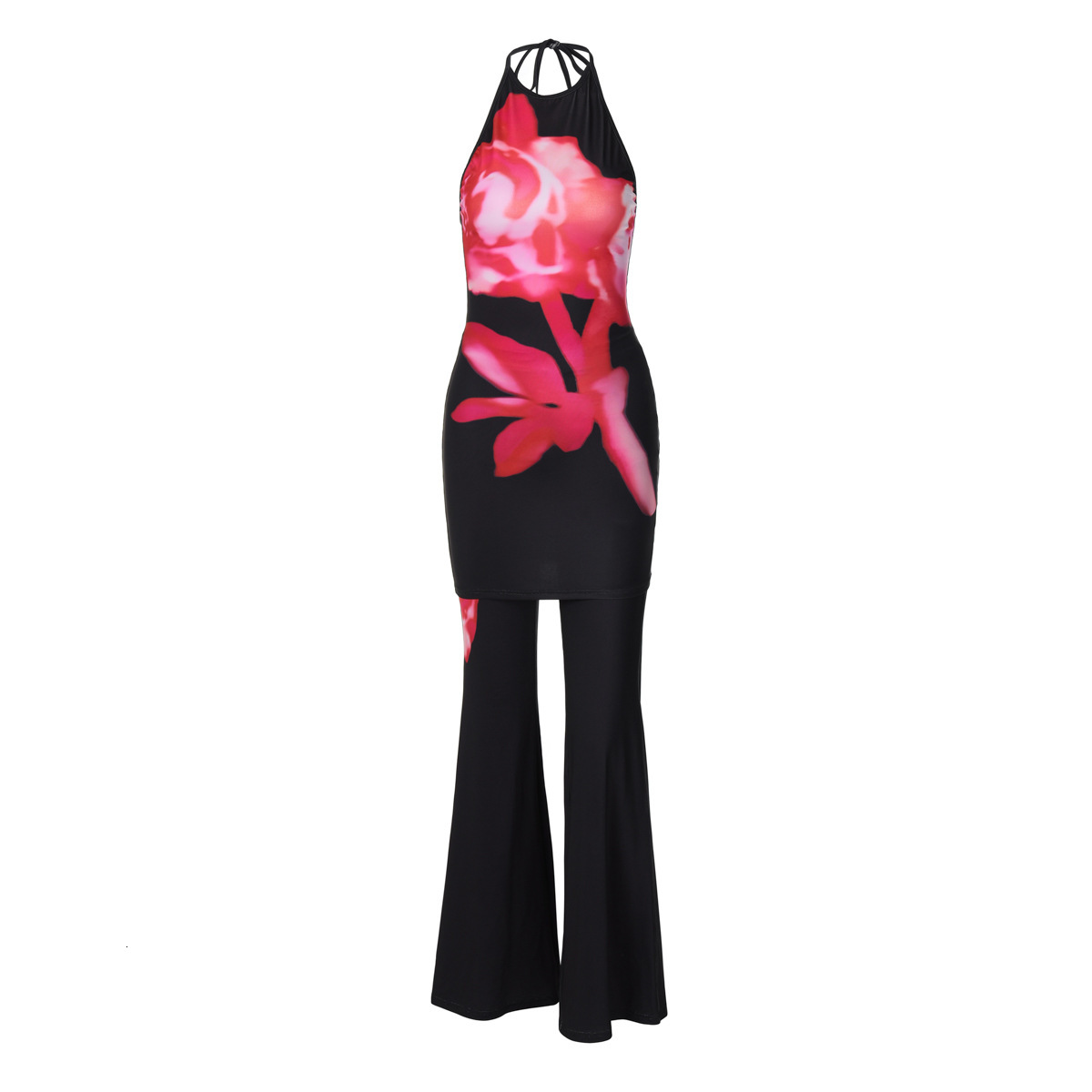 New4 Autumn New Sexy Hot Girl Hanging Neck Sleeveless Dress Slim Fit Pants Print Set For Women