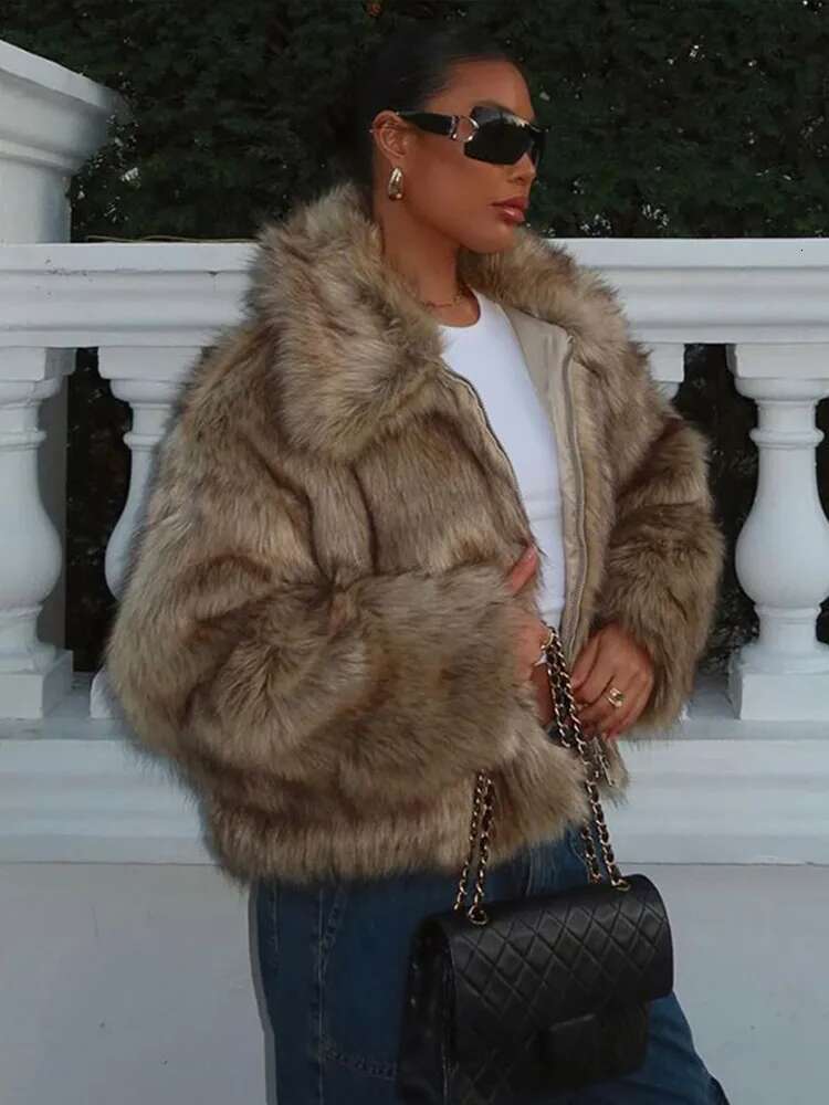 Fashion Faux Fur Coat Women Turn-down Collar Thick Zipper Warm Pocket Outwear Overcoat Fluffy Long Sleeve Ladies Jacket