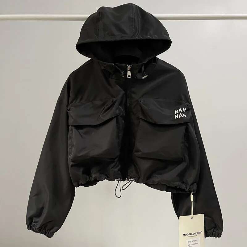 Designer women's jacket outdoor hooded windbreaker black short zipper sports casual wear