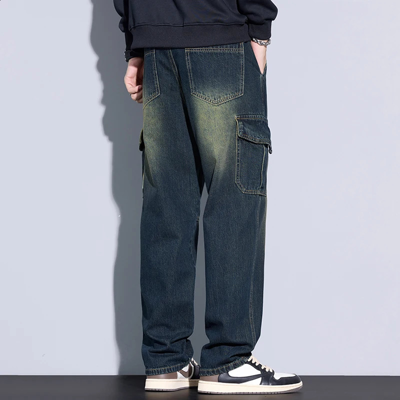 Mens 97% Cotton Straight Cargo Jeans Trendy Multi-pocket Nostalgic Loose Trousers Mens American Vintage Fashion Denim Pants 250226