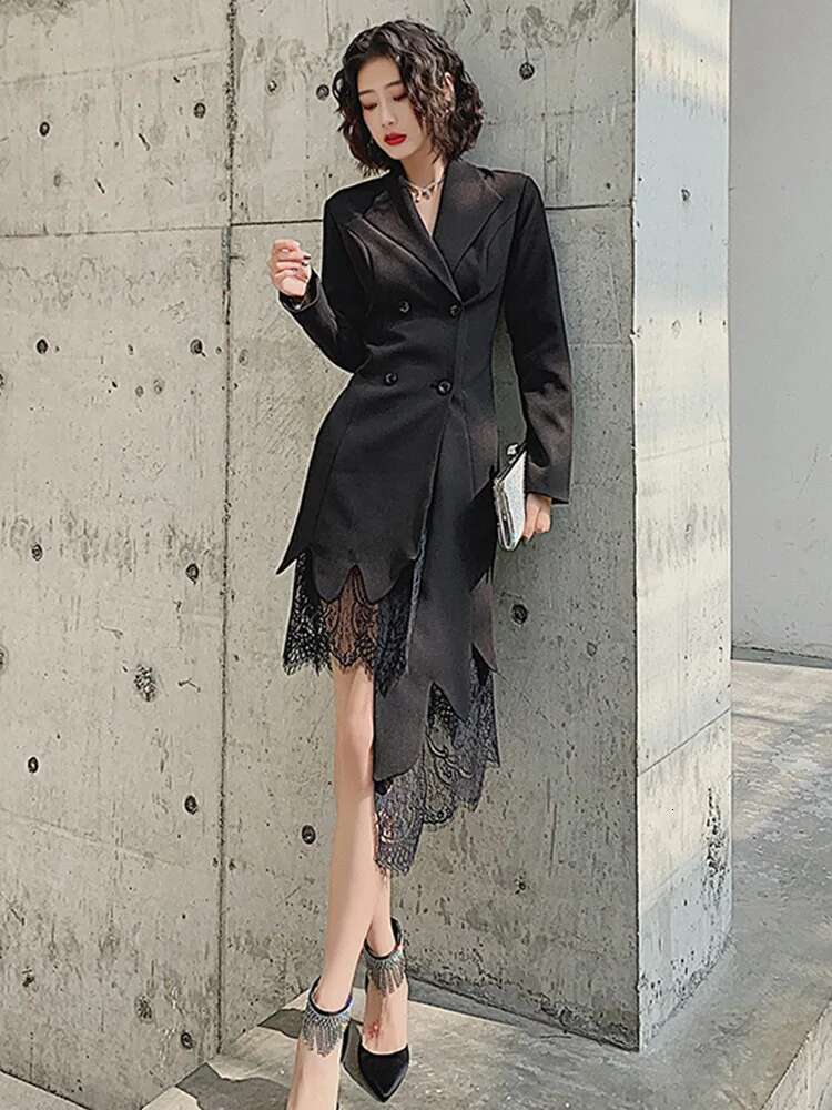 DEAT Fashion Women's Dress Notched Doube Breasted Irregular Hem Lace Spliced Slim Suit Jackets Summer 2024 New Tide 7Ab4231
