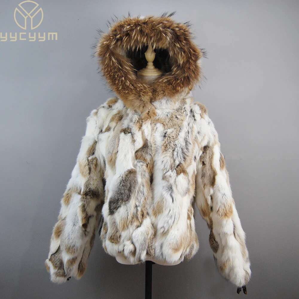 2025 Russian Women Real Coats Winter 100% Natural Rabbit Jacket Lady Warm With Raccoon Fur Hooded Outerwear