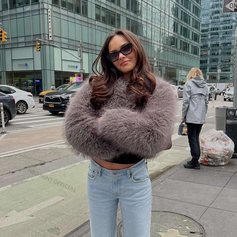 Neo Mint Street Fashion Girls Gray Fluffy Short Faux Fox Jacket Women Winter 2024 Hot Brand Thick Warm Eco Fur Coat Female