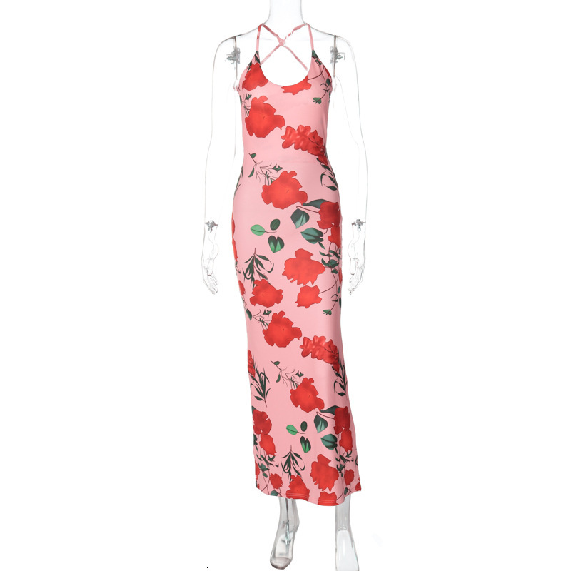 Women's New4 Summer New Product Fashionable Printed Sexy Backless U-Neck Slimming Strap Dress