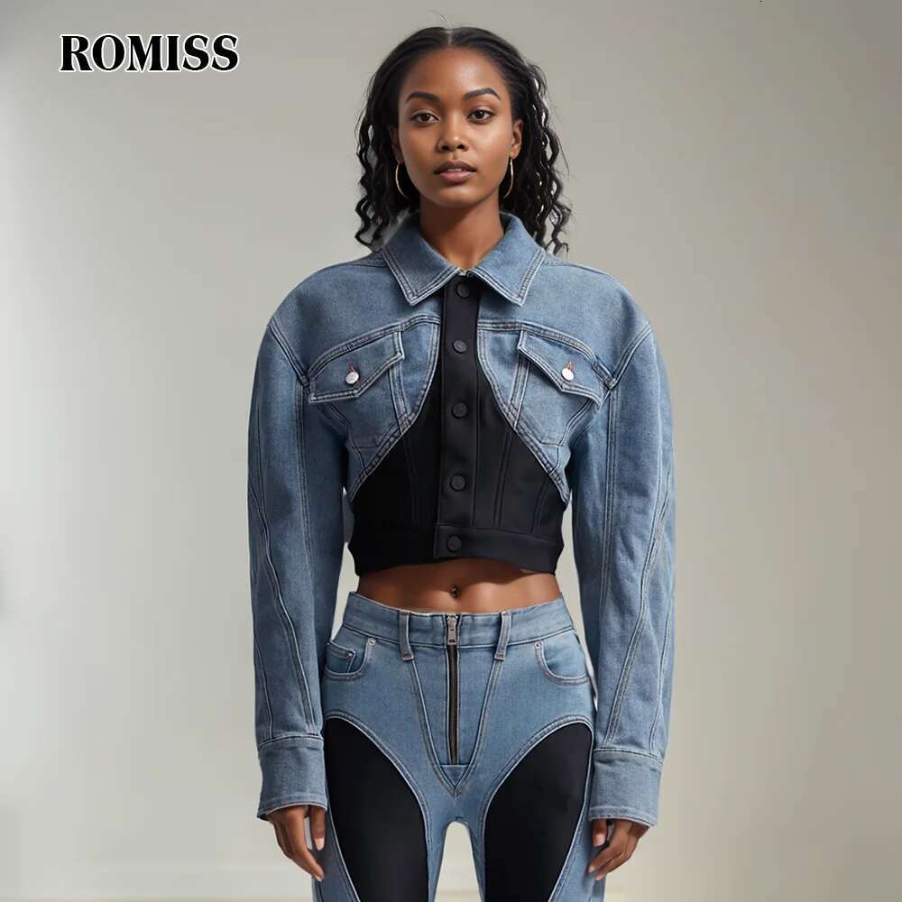 ROMISS Women's Casual Color -Colored Denim Lavage Long -Sleeved Single -Breasted Street Installation Retro Slim Jacket