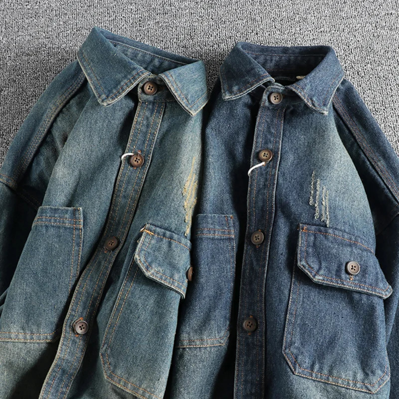 Heavy washing to do old vintage denim shirt men loose casual trend youth 250226