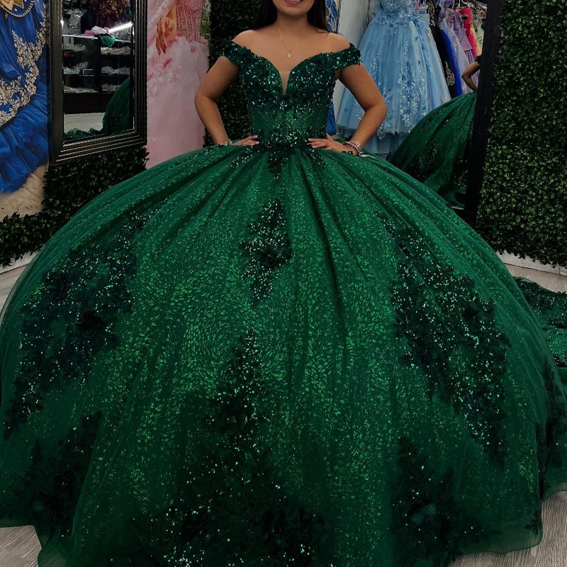 Blackish Green Shiny Quinceanera Dresses Ball Gown Off Shoulder Applique Lace Beads Tull Sweet 16 Dress Vestidos 15 De Anos