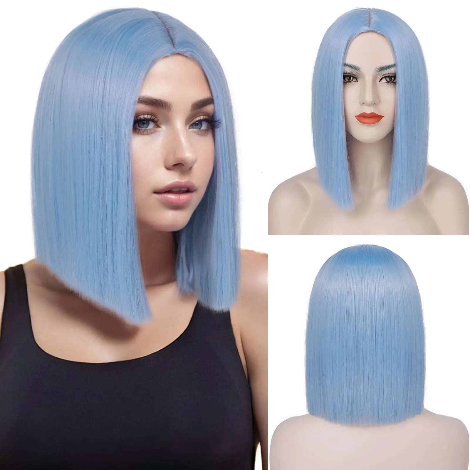 Light Synthetic Short Bob Straight Blue Women Shoulder Length Wigs Colorful Wig For Daily Use Party Cosplay