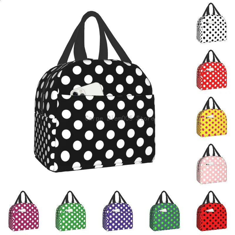 Black and white polka dot womens lunch bag portable insulated heat cooler food lunch box work school travel picnic bag 250228