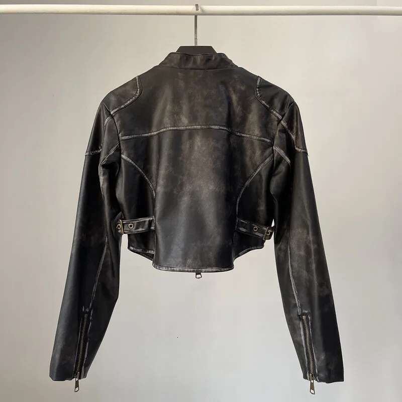 Vintage Black Brown PU Faux Leather Cropped Biker Moto Jacket Women Zipper Coat Outwear Stylish Top Kpop Outdoor