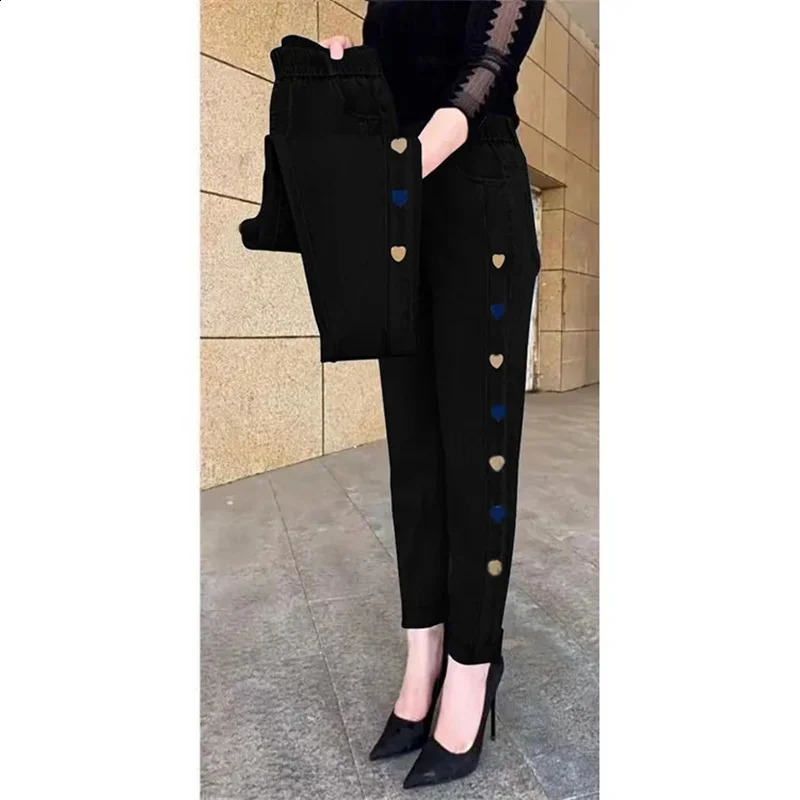 WinterEmbroidery Jeans Womens Elastic High Waist Jeans 5XL FashionWomen Black Blue Pocket Mom Jeans Skinny Stretch Pants Women 250225