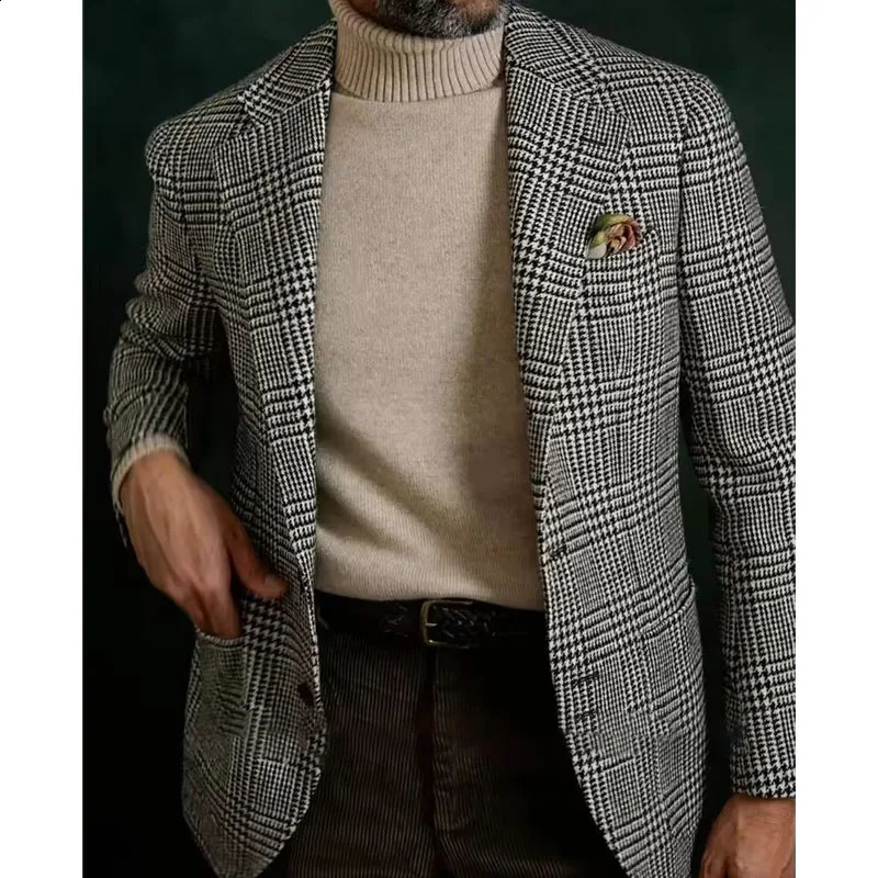 mens clothing Houndstooth Business Blazer for Men Plaid Notched Lapel Single Breasted Suit Jacket Formal Male Fashion Plaid Coat 250224