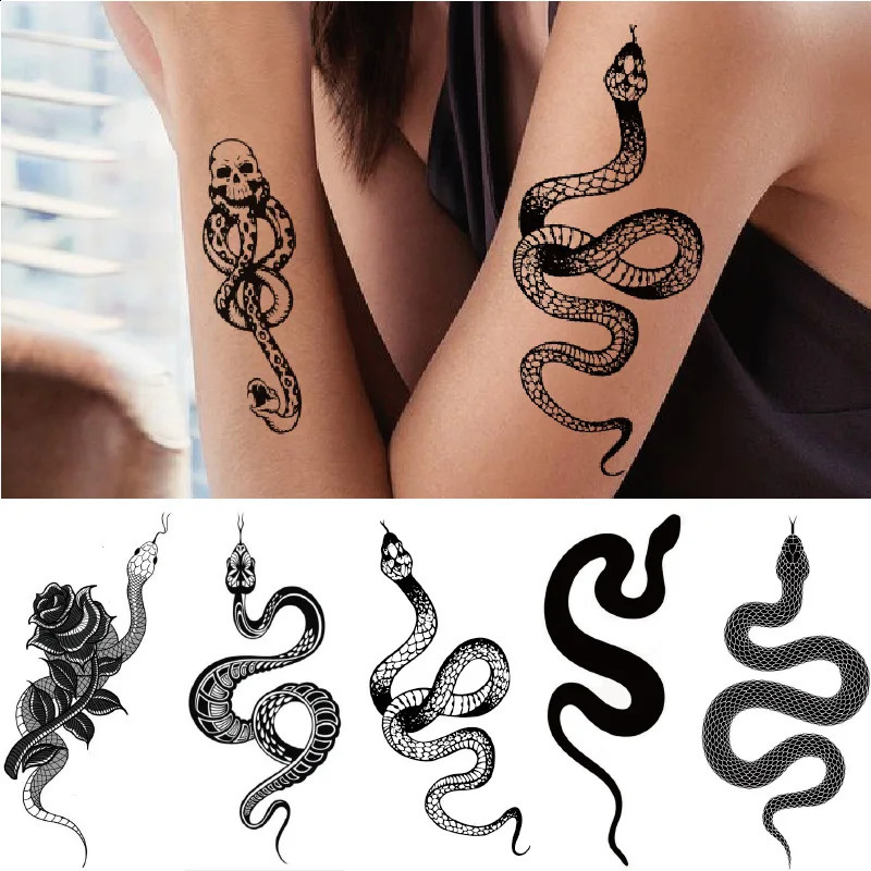 Neutral Black Snake Skull Temporary Tattoo Sticker Arm Body Disposable Waterproof Animal 1 Holiday Gift 250219
