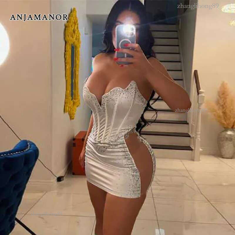 Rhinestone Casual Dresses ANJAMANOR Corset Mini Dresses For Women 2023 Sexy Luxury Bling Birthday Dress Party Night Club Outfits D35-Ei22 T2