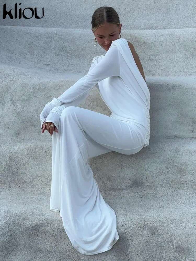 Kliou Solid Elegant Women Maxi Dress Simple Fall Classic Trend Full Sleeve Swinging Backless Sheath Vestidos Mujer Evening Robe