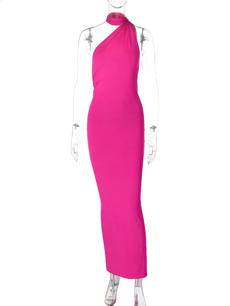 Hugcitar One Shoulder Backless Adjustable Scarf Loop Ruched Sexy Maxi Dress 2025 Women Elegant Y2K Streetwear Festival Outfit 250228