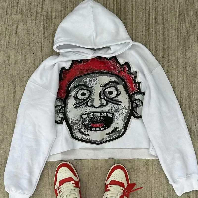 Harajuku Cartoon Streetwear Hoodies Men Y2K Pattern Printing Pullover Loose Hip Hop Goth Personality Oversized Casual Sweatshirt 250225