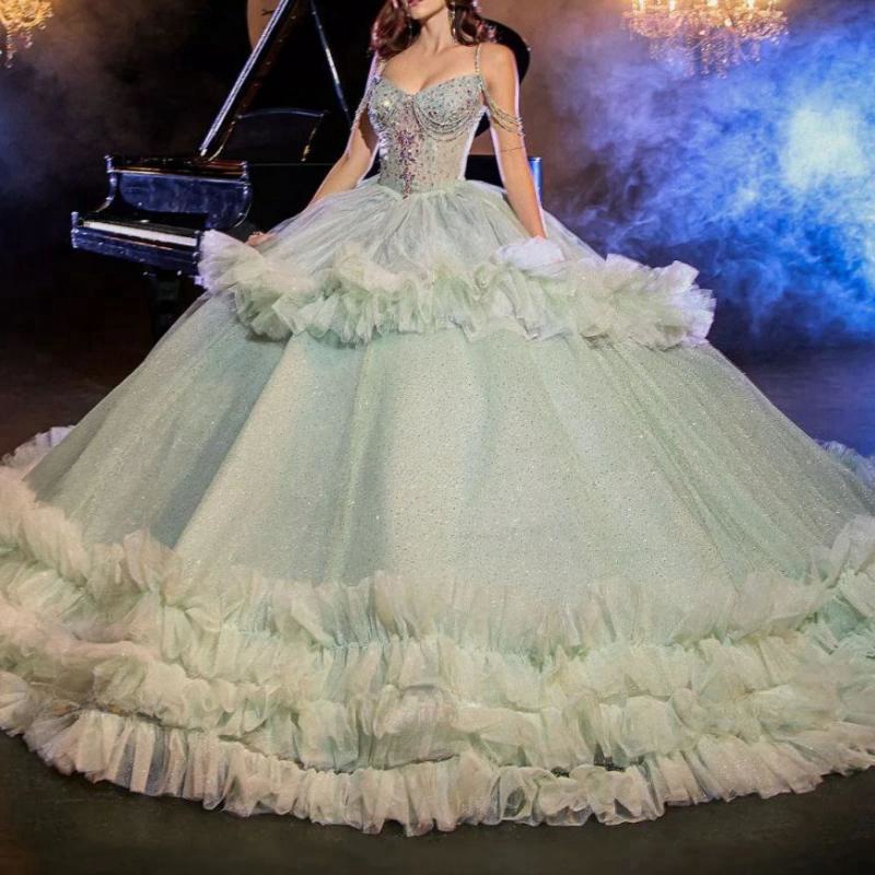 Sage Green Shiny Quinceanera Dresses Ball Gown Off Shoulder Beading Crystal Tull Tiered Sweet 16 Dress Vestidos 15 De Anos