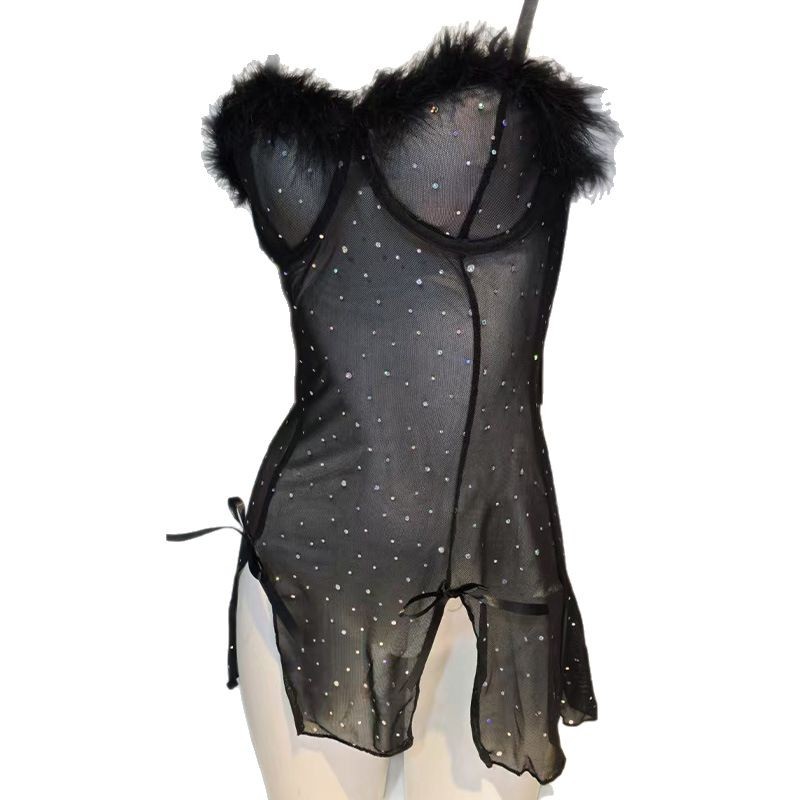 S140 New Spring and Summer Sexy Pajamas Sequined Feather Dress Slit Elastic Pure Desire