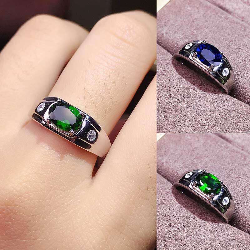Feiyu oval blue-green business men's fashionable bracelet silver simple daily versatile engagement and wedding ring