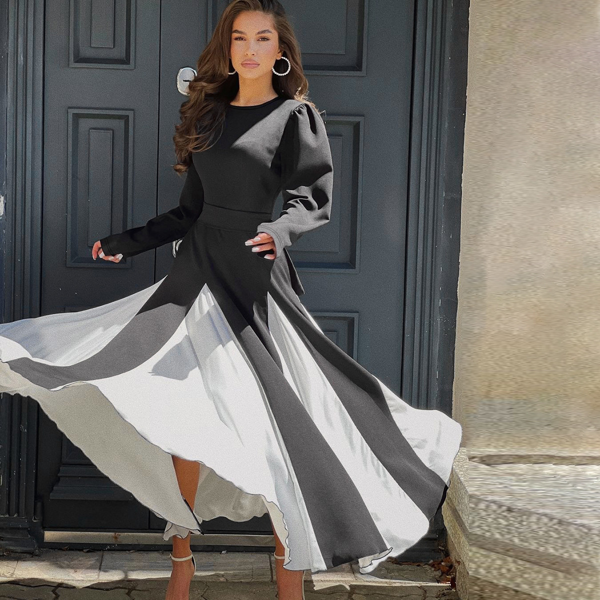 Women's Clothing New4 Autumn Winter New Fashionable And Socialite Style, Contrasting Colors, Mid Waist Lace Up Long Skirt