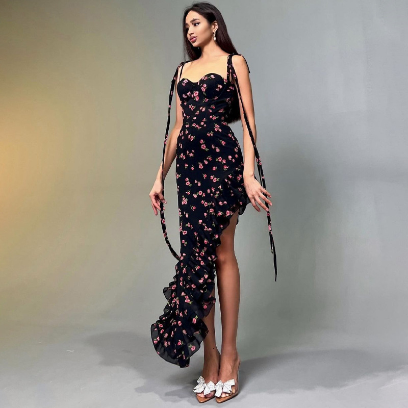 Hot Selling Women's Clothing New4 Summer New Product Fashionable Printed Sexy Mesh Lace Up Dress