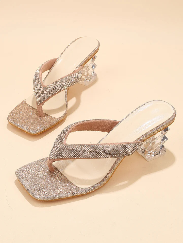 Summer brown rhinestone flip flops womens clip toe sandals for outdoor wear beach shoes dance shoes wedding crystal heels 250218
