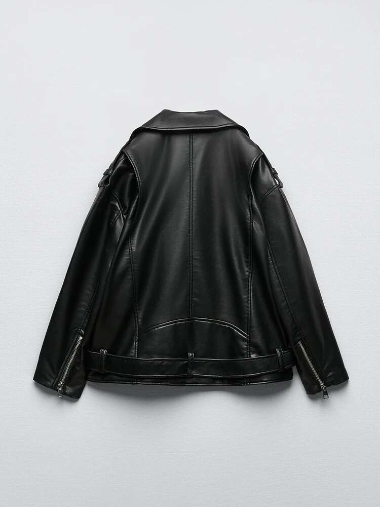 Designer Aigo Women Loose Motorcycle Biker Black Pu Faux Leather Jacket With Belt Spring Autumn Female Zipper Coat Outwear