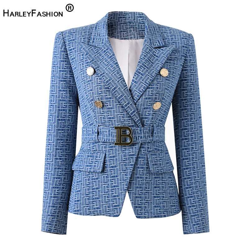 Custom Washed Fabric Wholesale Geometric Pattern Denim Jackets For Ladies Women Fashion Blazer With Belt