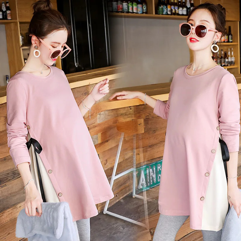 Korean Fashion Cotton Maternity T-shirt Casual Clothes for Pregnant Women Long Sleeves Pregnancy Tops Plus-Size Spring 250228