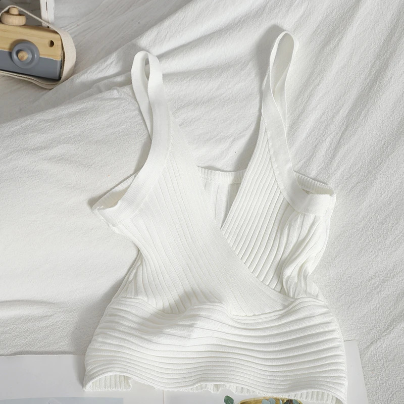 Rib Knit Wrap Front Crop Top Women VNeck Sleeveless Camis and Tanks Summer Sexy Club Party Outfit 250224Z