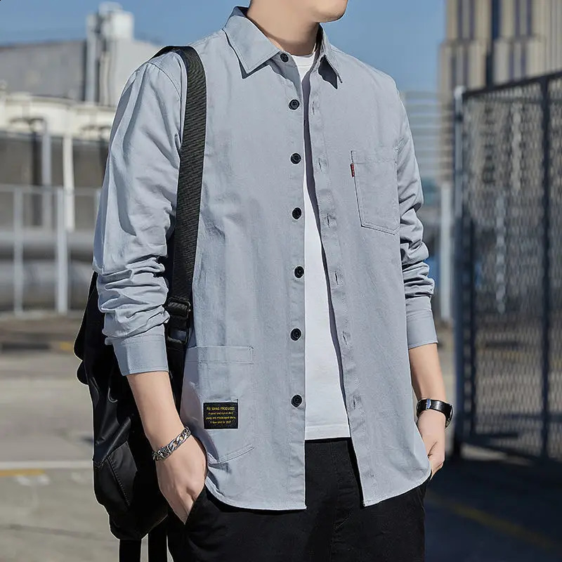 Spring Autumn Solid Color Casual Fashion Loose Shirt Man Long Sleeve Korean Style Blouse All Match Chic Streetwear Male Clothes 250225