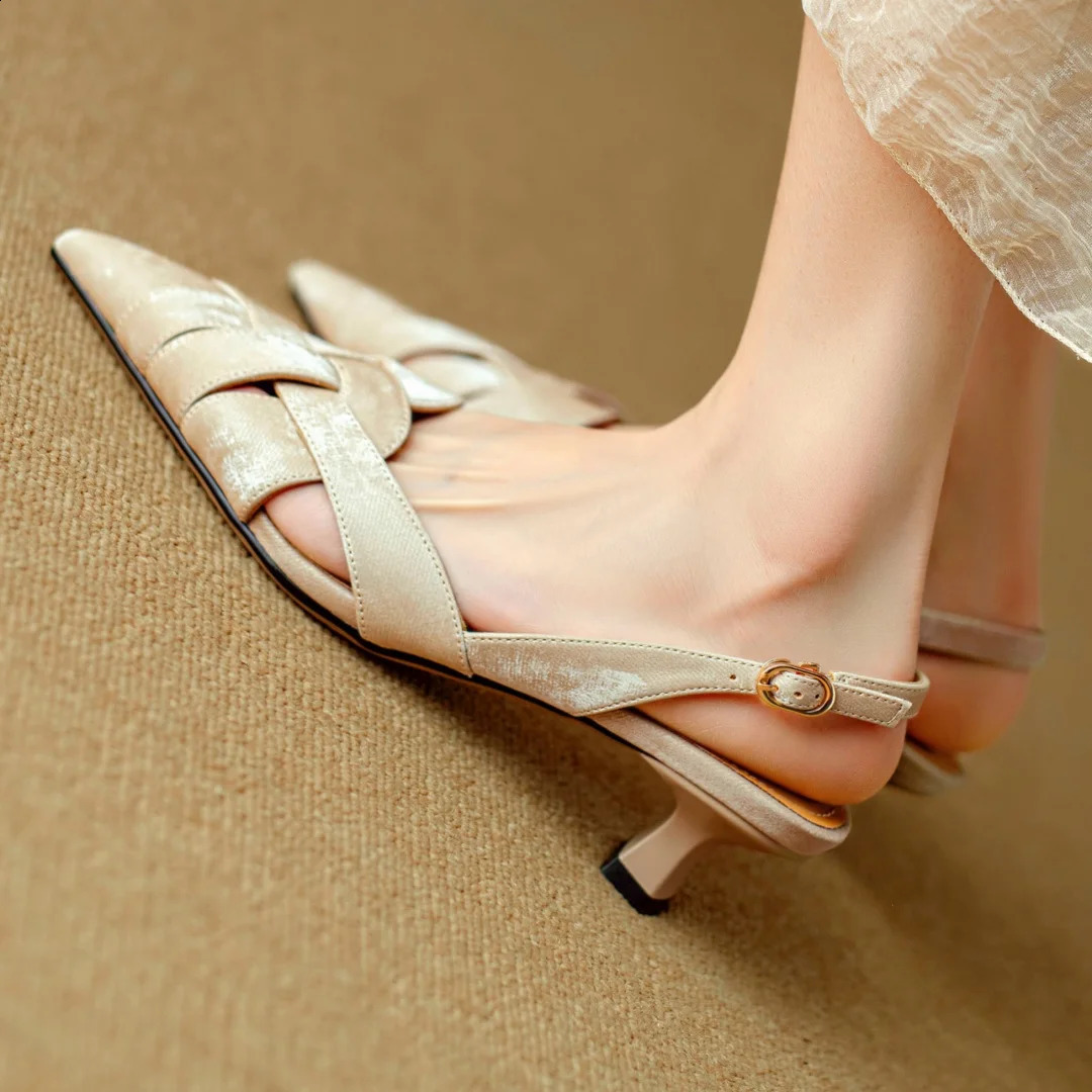 Womens genuine leather narrow band cross strap pointed toe slingback kitten heel sandals summer heeled shoes for woman 250228