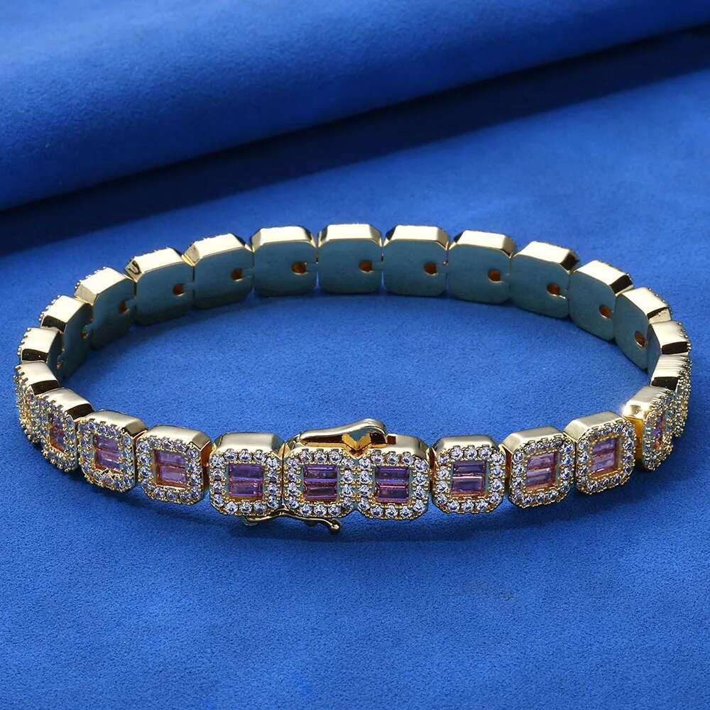 HHIOK Baby Pink CZ Tennis Choker Square Round AAAAA Zirconia Bg Necklace Bracelet Rapper Jewelry