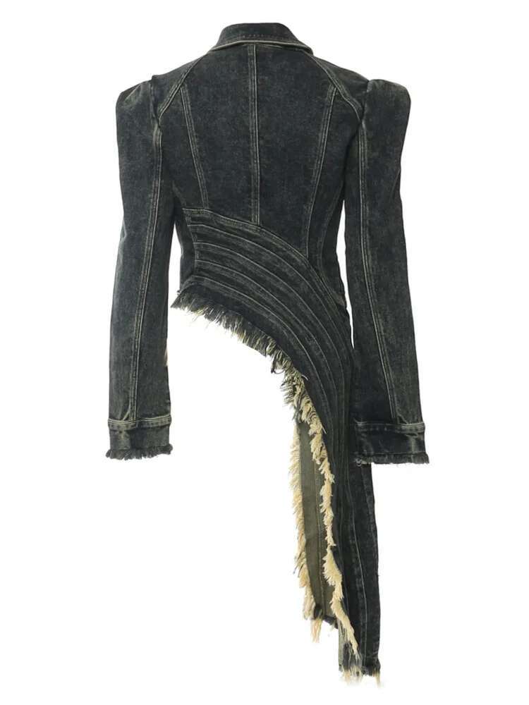 Heavy Industry Irregular Patchwork Burr Turn-Down Collar Design Chic Women's Denim Coats Autumn Winter New Zm207